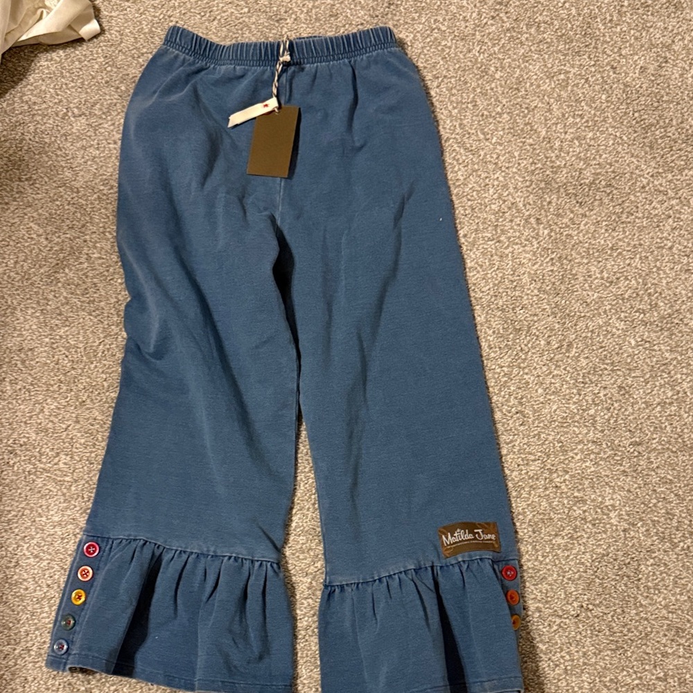 Matilda Jane denim Blue Knit Ruffle Hem Pants with Colorful Buttons